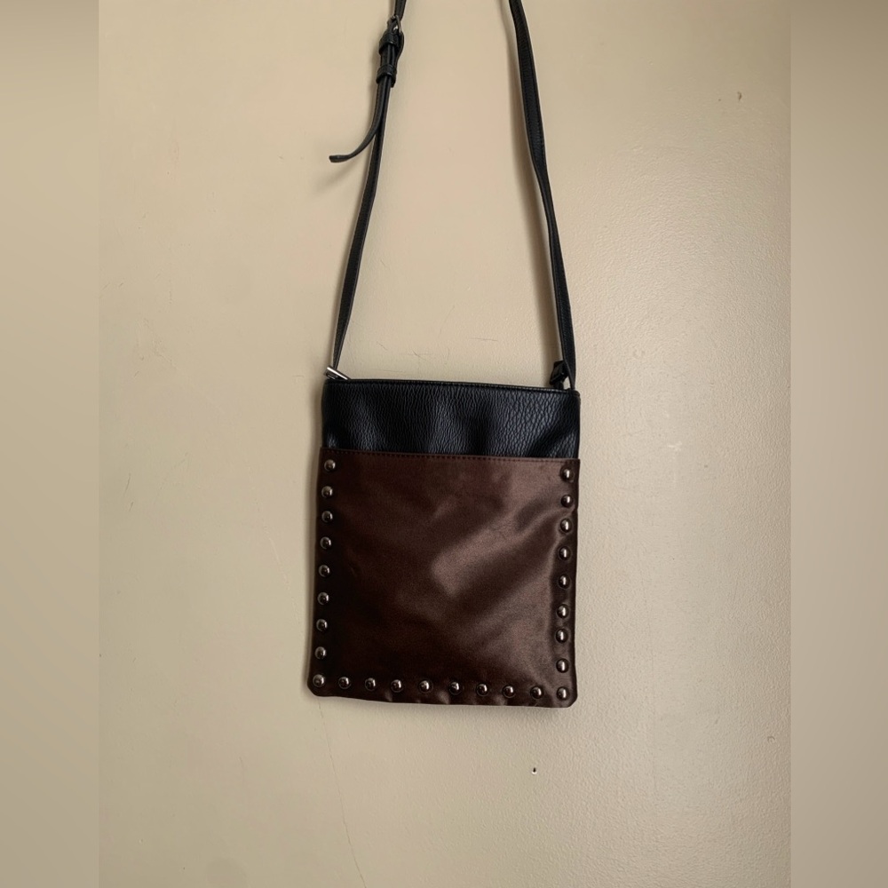 Sondra Roberts Zipper Studded & Pebble Faux Vegan Leather Crossbody Black Brown